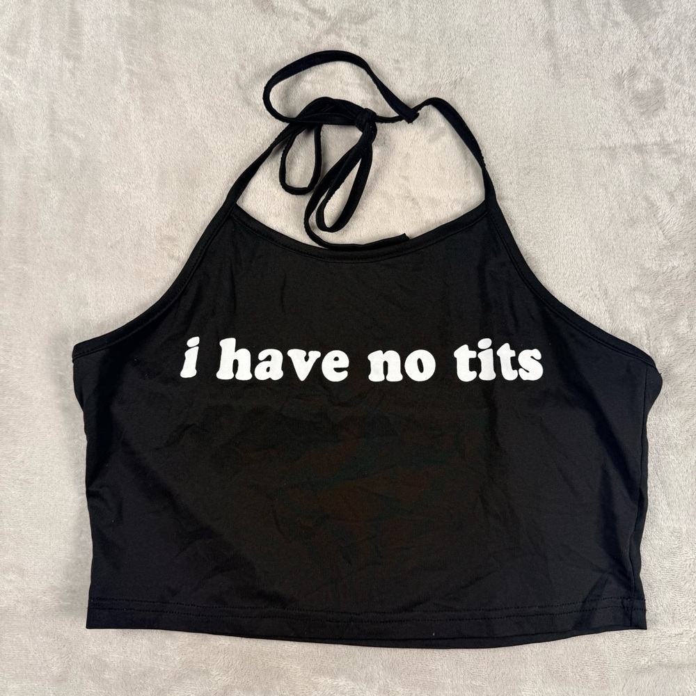 Black Graphic Halter Crop Top Funny Statement Shirt Y2K Size S